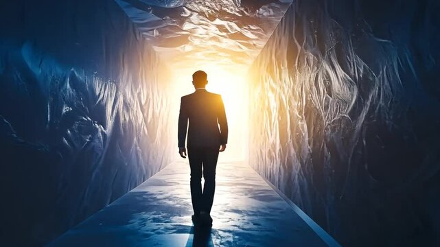 Businessman Walking Towards Light In Tunnel