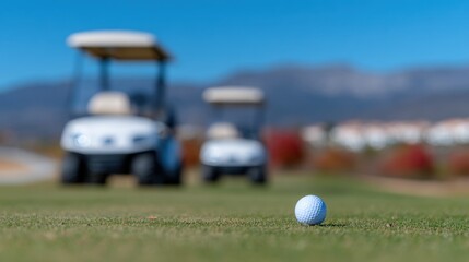 Golf ball on green grass with golf carts in background on a clear day. National Golf Month