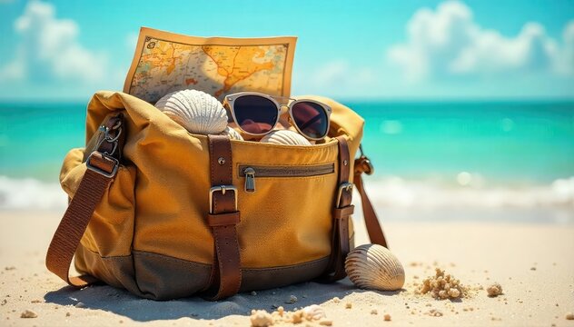 Sun-Drenched Beach Adventure Rugged Canvas Cargo Bag Overflowing with Summer Essentials