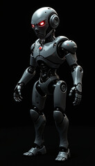 
A angry ai robot with glowing eyes that seem to pierce through the darkness, A robot with glowing red eyes standing in darkness, AI generated