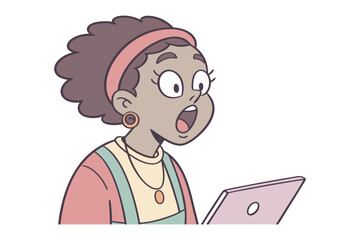 Surprised Girl: A cartoon illustration of a young girl with dark curly hair and a surprised expression looking at a tablet.