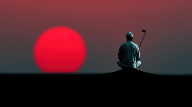 Minimalist silhouette of a golfer at sunset contemplating the game against a vibrant red sky. National Golf Month