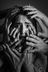 Many hands stretched to young woman on dark background