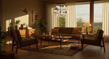 Elegant mid-century modern living room bathed in warm light evokes tranquility and vintage charm