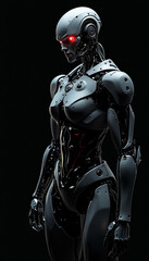 
A angry ai robot with glowing eyes that seem to pierce through the darkness, A robot with glowing red eyes standing in darkness, AI generated