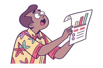 Astonished person in hawaiian shirt points at surprising financial growth chart with wide eyes and open mouth