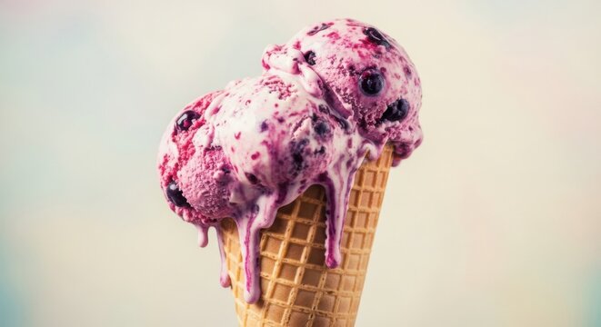 Melting Berry Ice Cream Cone on a Warm Summer Day