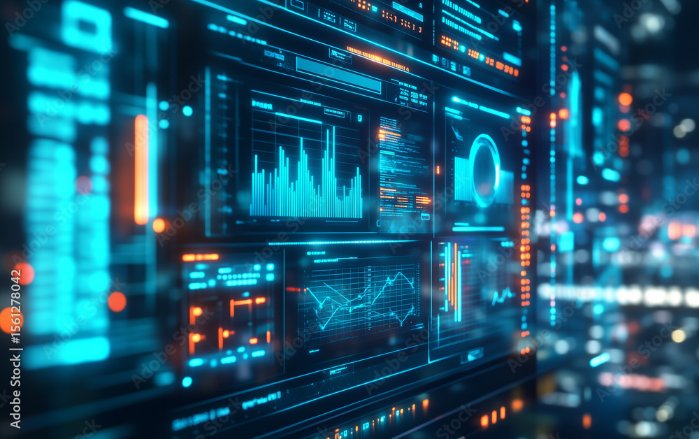 Poster futuristic interface displaying graphs and data in shades of blue and orange