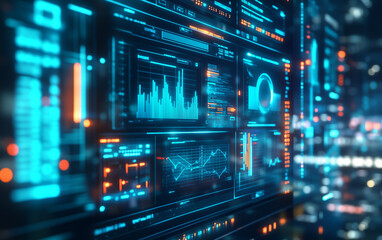 Futuristic interface displaying graphs and data in shades of blue and orange