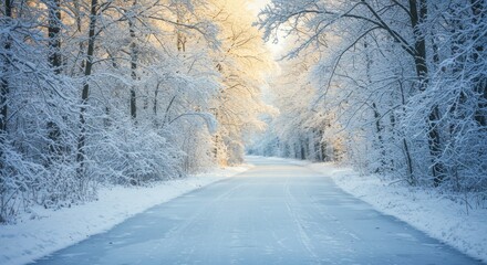 Naklejka premium Icy pathway cutting through a snow-covered winter forest illuminated by gentle sunlight