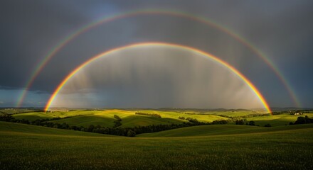 Fototapeta premium Lush green hills landscape with vibrant double rainbow under dramatic cloudy sky