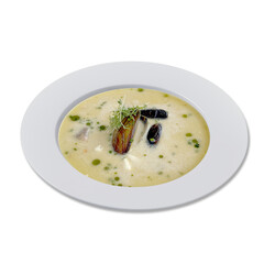 Creamy Mussel Soup isolated on white background
