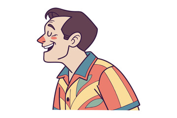 Joyful man with eyes closed and a wide smile wearing a colorful retro shirt