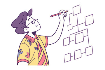 Creative individual with glasses and a patterned shirt draws a flowchart on a white background with a pink pencil