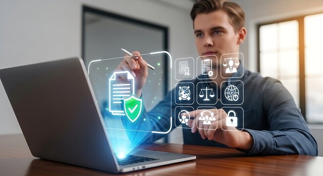 Man using a stylus with a laptop displaying a digital document with security icons.
