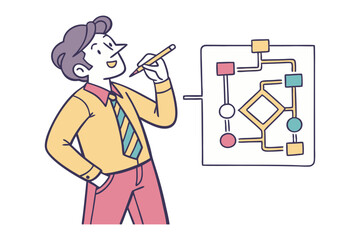 Creative professional thoughtfully sketches a colorful flowchart diagram with a pencil planning business strategy and processes