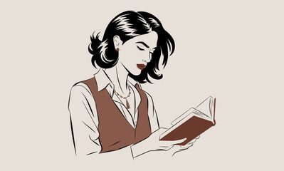 Stylized Illustration of a Woman Reading a Book in Thoughtful Pose