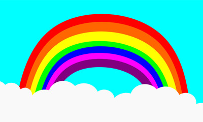 Vibrant rainbow and clouds vector illustration in flat, cheerful style. Features a full spectrum arc over soft white clouds against a bright blue sky.