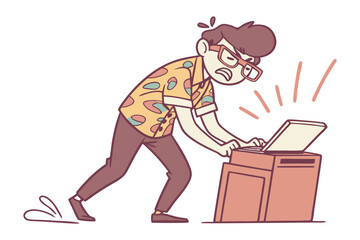 Frustrated man in hawaiian shirt struggling with a malfunctioning laptop showing intense anger and stress while working