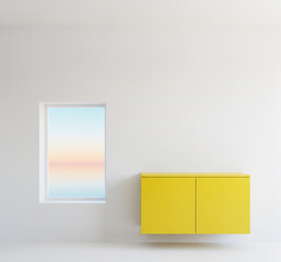 Modern minimalist interior with floating yellow cabinet and pastel window light