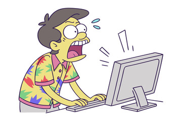 Shocked cartoon man in hawaiian shirt reacts with wide eyes and open mouth to something terrifying on his computer screen