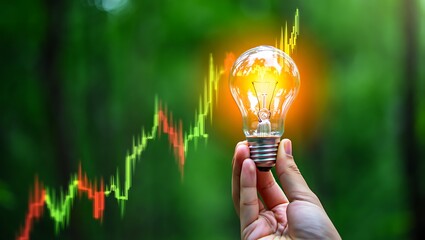 Hand holding illuminated lightbulb; green bokeh background; rising stock market graph.