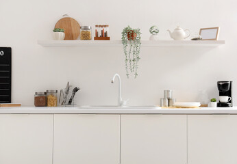 Interior of light kitchen with white counters, shelf, sink and utensils