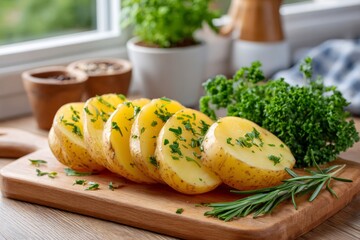 Sliced potatoes seasoned with herbs and spices on wooden cutting board