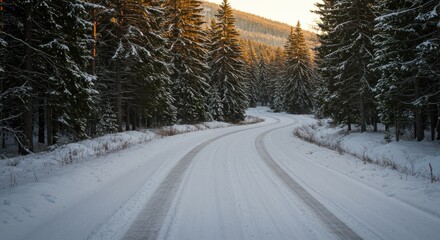 Obraz premium Winding winter road through a forest of snow-laden evergreen trees creates serene beauty and a