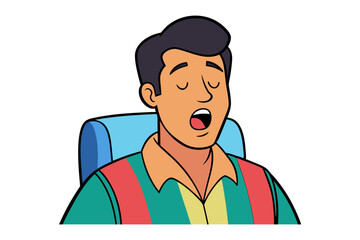 Cartoon man yawning widely while sitting in a chair with eyes closed and mouth open showing tongue