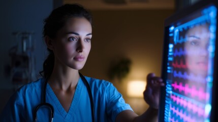 Female doctor checking patient vitals on digital monitor, soft lighting