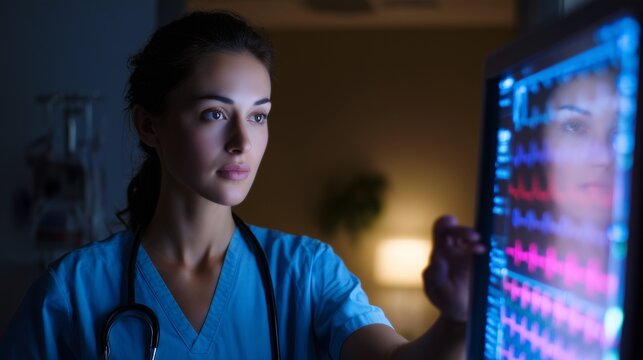 Female doctor checking patient vitals on digital monitor, soft lighting

