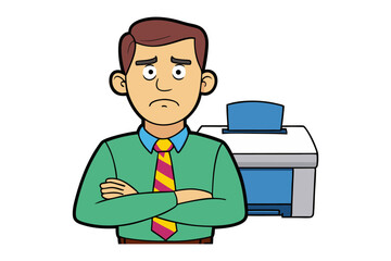 Frustrated businessman with arms crossed standing next to a malfunctioning printer conveying office problems and technical difficulties