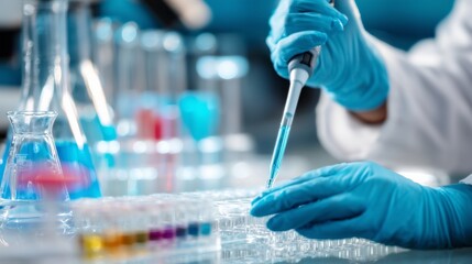 Scientist with gloves using pipette in modern lab, close-up