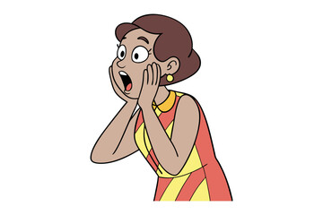 Cartoon Woman in Shock: A cartoon woman in a patterned orange and yellow dress reacts with surprise and shock, her hands raised to her face, eyes wide, and mouth open.