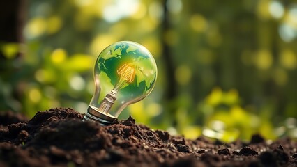 Green Earth Inside Illuminated Lightbulb Planted in Soil