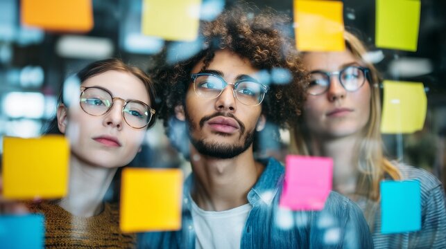 Team of diverse coworkers brainstorming with post-it notes on glass board - Powered by Adobe