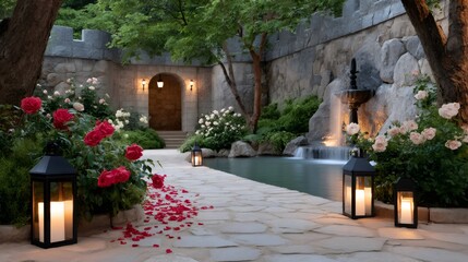Obraz premium Rose petals guiding to wedding arch in beautiful garden with fountain and lanterns