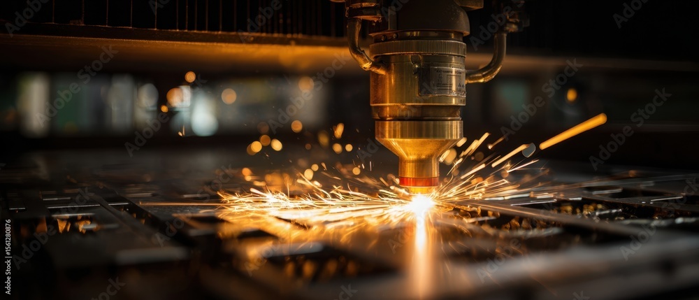 Poster the laser cutting machine creating sparks in an industrial workshop setting.