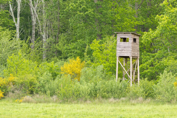 wooden hunting stand at the edge of the forest