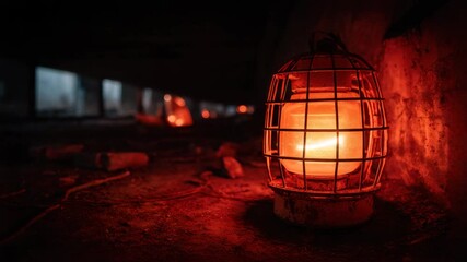 Lit, caged lamp casts red glow in dark space - Powered by Adobe