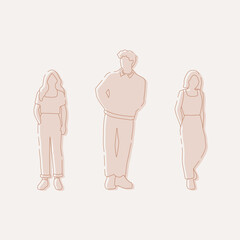 flat minimal people male and female vector illustration in spring summer clothing concept isolated set collection. Outline with silhouette shadow. For architecture, design, info graphic, media