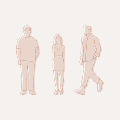 flat minimal people male and female vector illustration in spring summer clothing concept isolated set collection. Outline with silhouette shadow. For architecture, design, info graphic, media