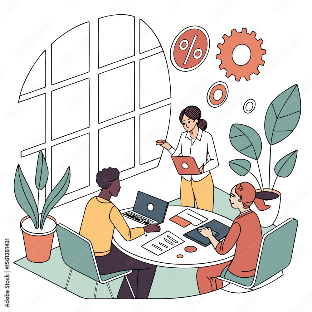 Poster people collaborating around a table with laptops and documents in a bright office space setting view