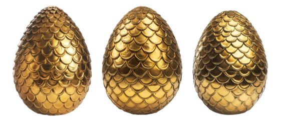 Shiny golden Easter egg with a detailed dragon scale texture, isolated on white transparent background. Symbol of fantasy, mystery, and mythical creatures