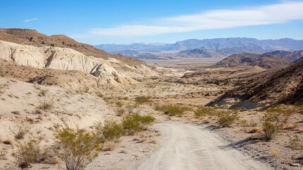 A desert landscape unfolds, revealing a dirt road winding through pale canyons and sparse vegetation towards distant mountains under a clear blue sky