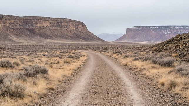 A dirt road winds through a vast, arid landscape, flanked by imposing mesas under a muted sky. The scene evokes a sense of remoteness and adventure
