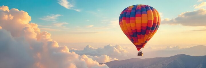 Vibrant Hot Air Balloon Soaring Over Vast Open Sky Freedom, Adventure, and Escape