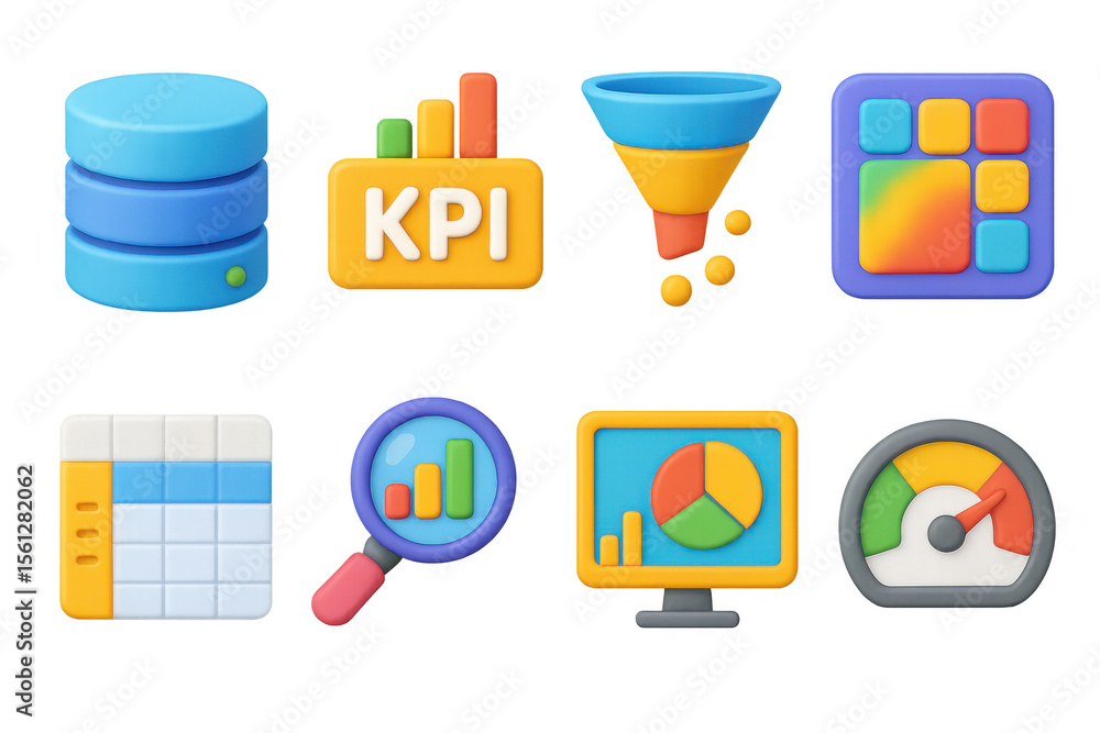 Poster 3d analytics icons illustration for data visualization and reporting design