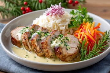 Sliced pork tenderloin with sauce, rice and vegetables decorating christmas table